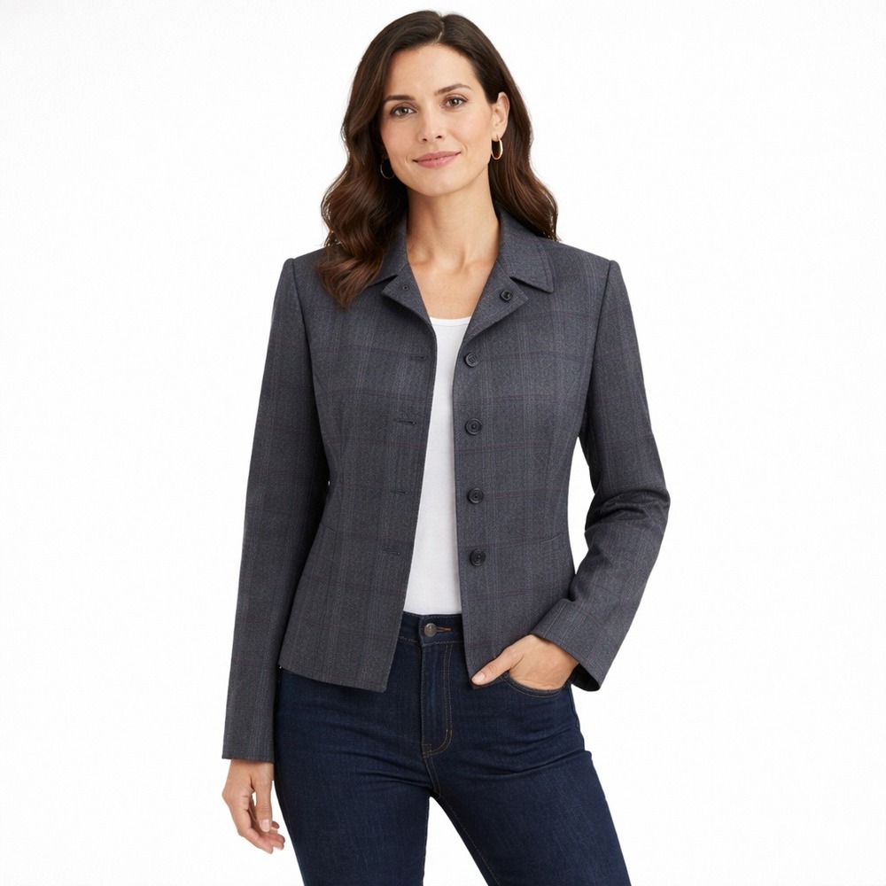 Pendleton Grey Plaid 5-Button Blazer 100% Virgin Wool Jacket Pockets 8 L Spring